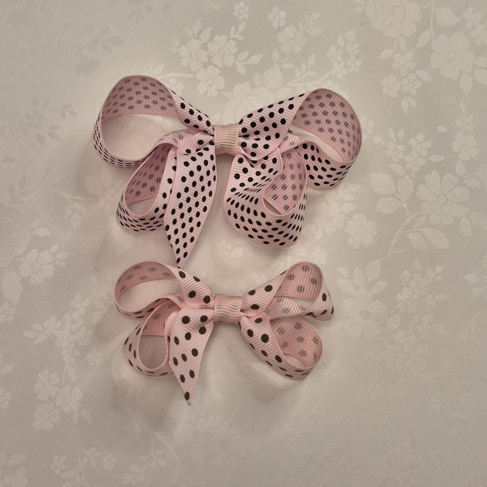 Set Of 2 Pink With Brown Polka Dot Hair Bows Handmade